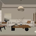 Modern Minimalist Living Room With Beige Sofa Wooden Coffee Table And Pendant Light
