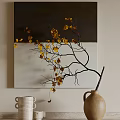 Brown Ceramic Vase with Yellow Leaf Branches and Wall Art for Interior Decor 3d model