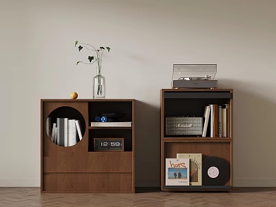Wooden Bookshelves Featuring Books Vase Plant Fruit Clock Record Player And Vinyl 3d model