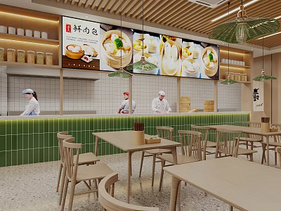 Modern Restaurant with Open Kitchen Shrimp Wonton Green Tiled Walls and Wooden Tables and Chairs 3d model