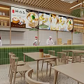 Modern Restaurant with Open Kitchen Shrimp Wonton Green Tiled Walls and Wooden Tables and Chairs