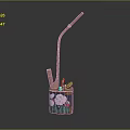 Artistic Decorative Container Featuring Pink Floral Pattern And Gold Metal Pipe