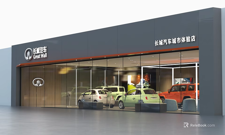 Great Wall Motors 4S Dealership Modern Exterior With Glass Facade And Displayed Cars 3d model 