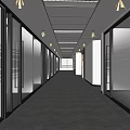 Modern Office Corridor With Glass Doors Black Handles And Bright Lighting