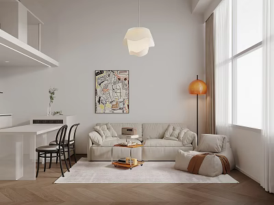 Loft Style Living Room With Beige Sofa Art Painting And Herringbone Floor 3d model