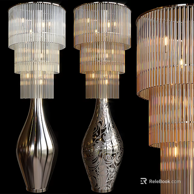 Elegant Modern Floor Lamps With Metallic Bases And Striped Layered Shades 3d model 