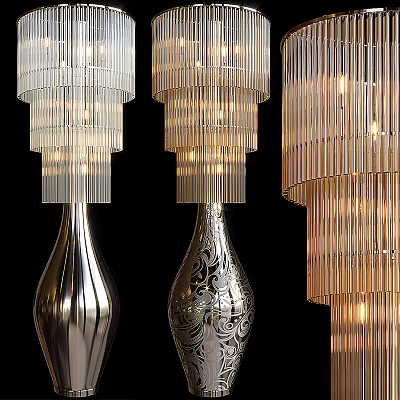 Elegant Modern Floor Lamps With Metallic Bases And Striped Layered Shades 3d model