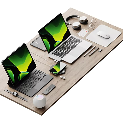 Modern Tech Workspace With Two Laptops Tablet Smartphone Headphones Mouse On Wooden Desk 3d model