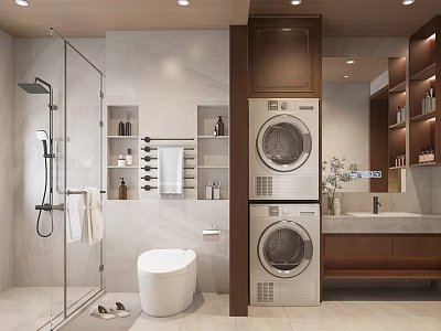 Modern Bathroom Interior With Glass Shower White Toilet Stacked Washing Machines And Wooden Shelves 3d model
