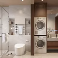 Modern Bathroom Interior With Glass Shower White Toilet Stacked Washing Machines And Wooden Shelves