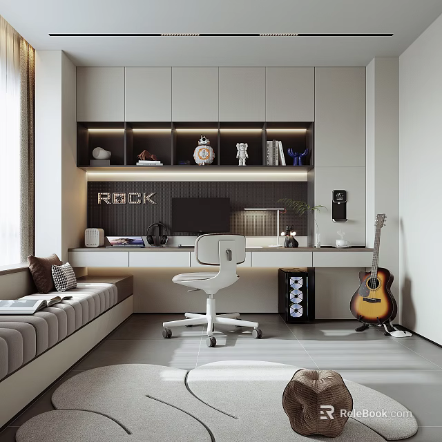 Modern Study Room Interior With White Desk Chair Gray Sofa Guitar And Cabinets Decor 3d model 
