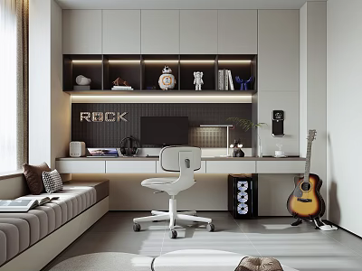 Modern Study Room Interior With White Desk Chair Gray Sofa Guitar And Cabinets Decor 3d model