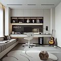 Modern Study Room Interior With White Desk Chair Gray Sofa Guitar And Cabinets Decor