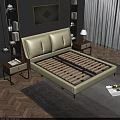 Modern Double Bed With Beige Leather Headboard Wooden Slat Base And Nightstands In Bedroom