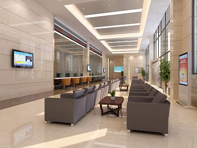 Bright Spacious Service Hall Interior With Comfortable Sofas Coffee Tables TV Screens And Green Plants 3d model