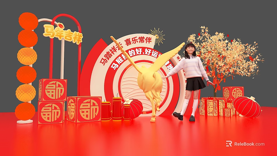 Golden Horse Art Installation With Red Background Fortune Characters And Lanterns 3d model 