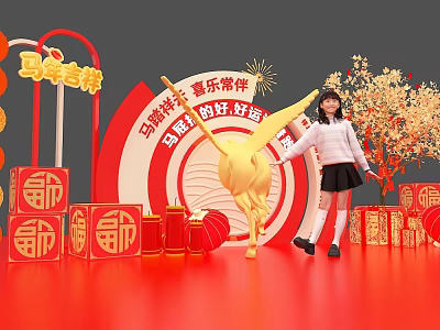 Golden Horse Art Installation With Red Background Fortune Characters And Lanterns 3d model