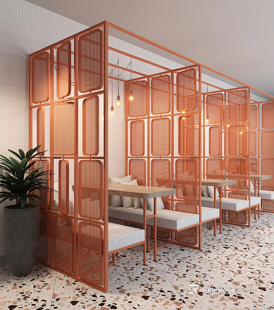 Copper Grid Partition Design In Modern Cafe Interior With Benches Tables And Green Plant 3d model 