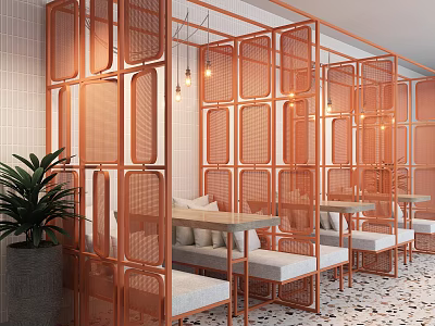 Copper Grid Partition Design In Modern Cafe Interior With Benches Tables And Green Plant 3d model