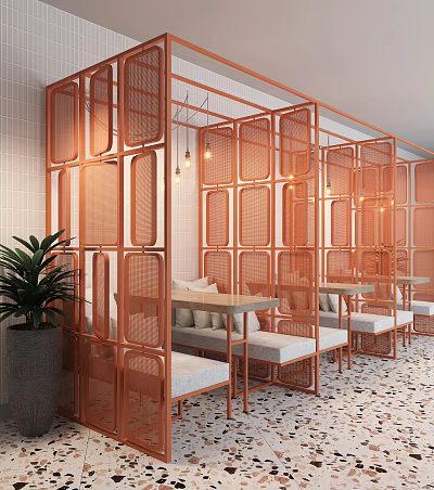 Copper Grid Partition Design In Modern Cafe Interior With Benches Tables And Green Plant 3d model