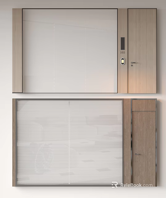 Modern Interior Wooden Partition Design With White Panel And Blinds 3d model 