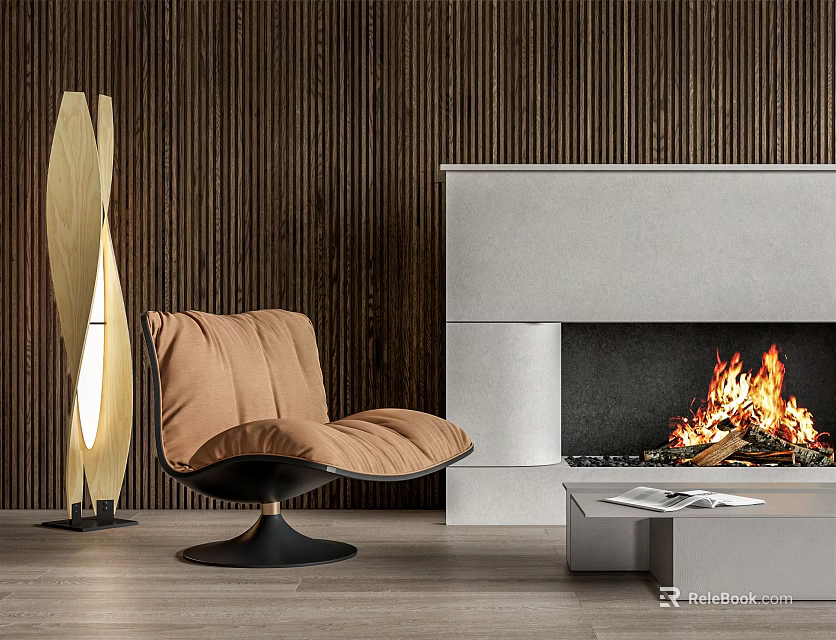 Modern Single Sofa with Fireplace and Floor Lamp in Wooden Wall Living Room 3d model 