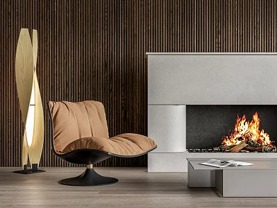 Modern Single Sofa with Fireplace and Floor Lamp in Wooden Wall Living Room 3d model