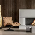 Modern Single Sofa with Fireplace and Floor Lamp in Wooden Wall Living Room