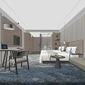 Modern Hotel Room Interior With Double Bed Sofa Table Chair And Decorative Carpet
