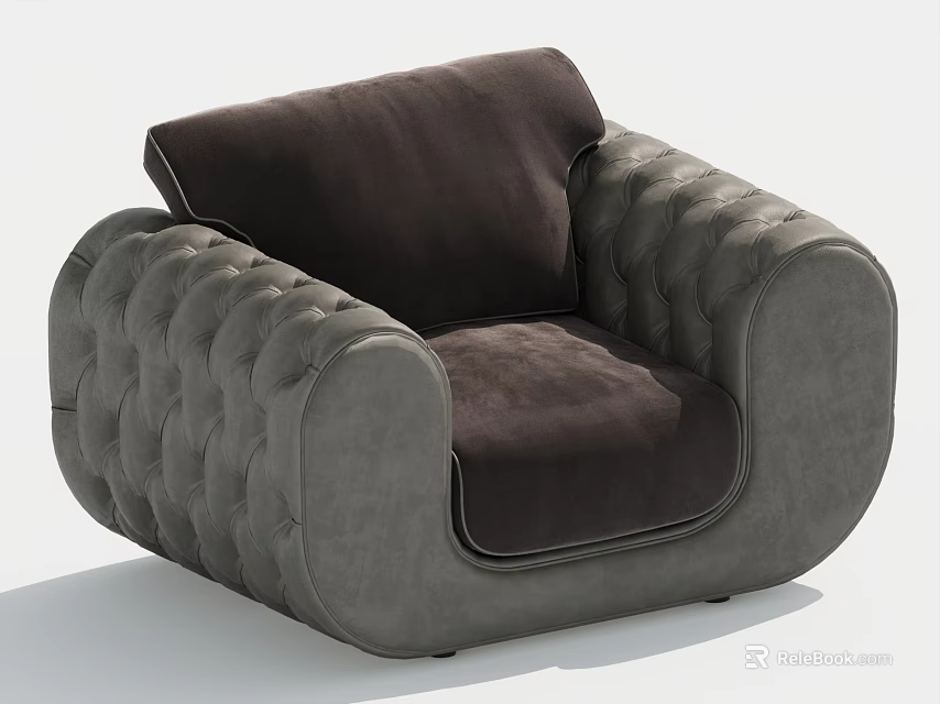 Modern Gray Tufted Single Sofa With Soft Velvet Upholstery And Round Arms 3d model 