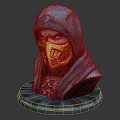 Hooded Warrior 3D Bust Sculpture With Yellow Mask And Detailed Facial Features On Dark Background