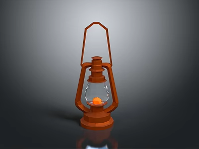 Orange Vintage Lantern With Glass Shade And Burning Flame On Base 3d model