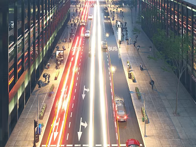 Busy Commercial Street With Tall Buildings Pedestrians And Vehicle Light Trails 3d model