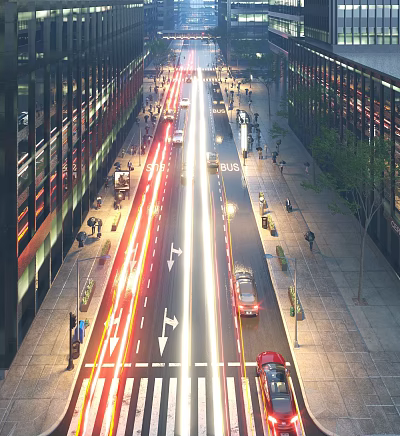 Busy Commercial Street With Tall Buildings Pedestrians And Vehicle Light Trails 3d model