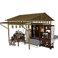 Ancient Architecture Structure With Wooden Roof Ornamental Lanterns And Traditional Shelves Displaying Antique Vases