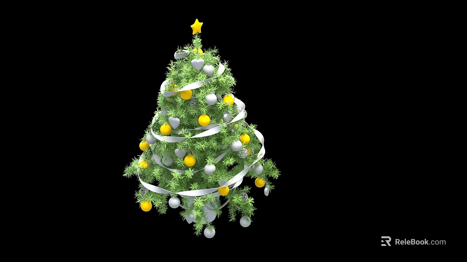 Christmas Tree Decorative Ornament Set With Green Branches Yellow Star White Ribbon Silver Yellow Balls 3d model 