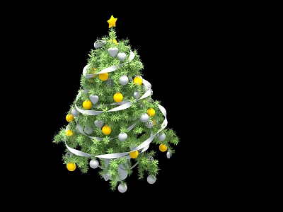 Christmas Tree Decorative Ornament Set With Green Branches Yellow Star White Ribbon Silver Yellow Balls 3d model