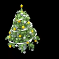 Christmas Tree Decorative Ornament Set With Green Branches Yellow Star White Ribbon Silver Yellow Balls