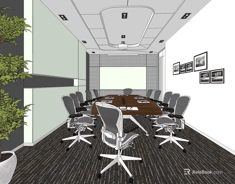 Modern Conference Room Interior With Long Wooden Table Ergonomic Chairs Carpeted Floor And Wall Art 3d model 