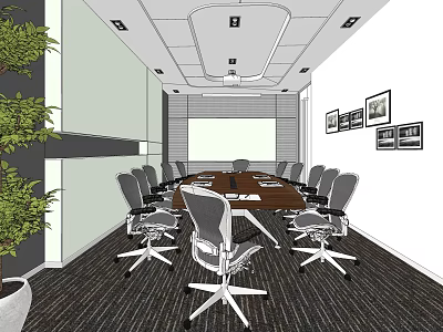 Modern Conference Room Interior With Long Wooden Table Ergonomic Chairs Carpeted Floor And Wall Art 3d model