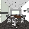 Modern Conference Room Interior With Long Wooden Table Ergonomic Chairs Carpeted Floor And Wall Art