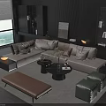 Modern Sofa Coffee Table Combination With Beige L-shaped Sofa Black Table Brown Bench Green Ottomans