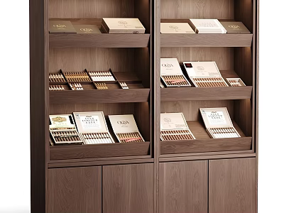 Wooden Storage Cabinet with Shelves Holding Neatly Arranged Cigar Boxes for Display and Storage 3d model