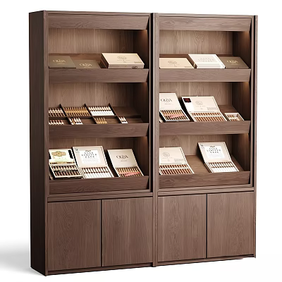 Wooden Storage Cabinet with Shelves Holding Neatly Arranged Cigar Boxes for Display and Storage 3d model