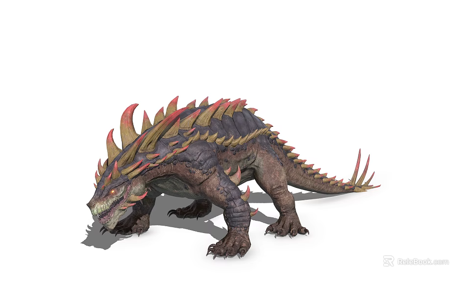 Fierce Standing Spiked Monster 3D Render With Red Brown Scales And Sharp Back Spines 3d model 