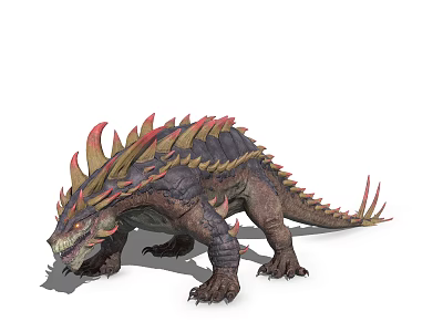 Fierce Standing Spiked Monster 3D Render With Red Brown Scales And Sharp Back Spines 3d model