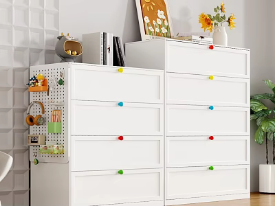White Dresser With Multiple Drawers Colorful Knobs Sunflowers Books On Top And Pegboard Potted Plant 3d model