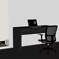 Modern Dark Wooden Desk With Laptop And Ergonomic Chair In Bright Room