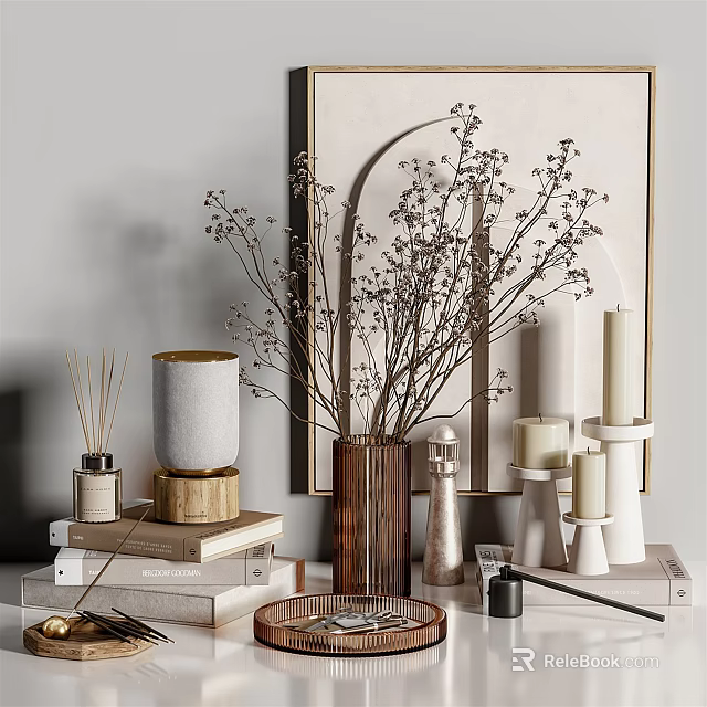 Elegant Modern Decorative Ornaments Set With Dried Flowers Vase Candles Diffuser And Books 3d model 