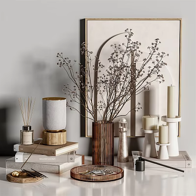 Elegant Modern Decorative Ornaments Set With Dried Flowers Vase Candles Diffuser And Books 3d model